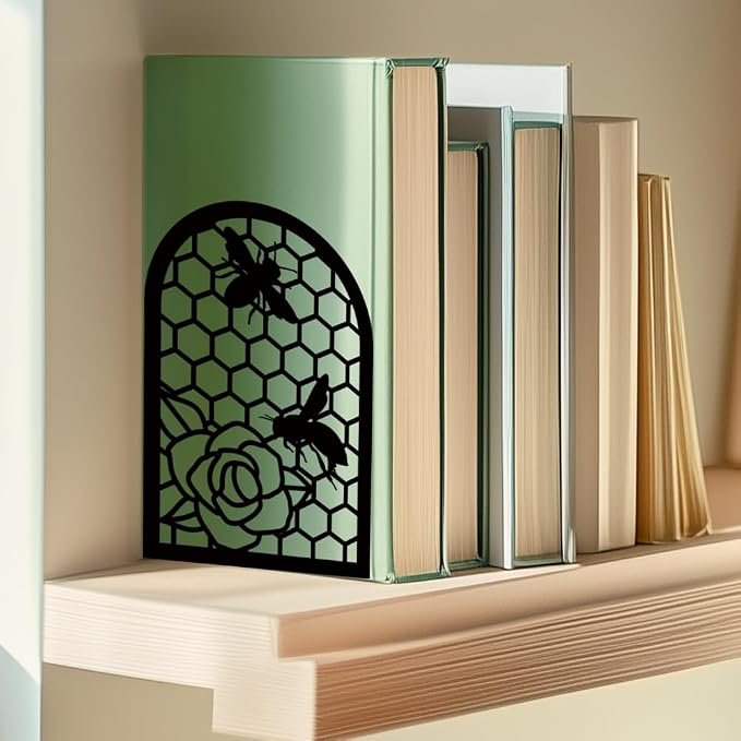 Black Metal Bookends for Shelves Decor Bees Heavy Duty Bookends for Book Supports Vintage Flower Book Stopper for Office Book Holder Shelf Accessories Unique 7x4.7x3.5 inch 1 Pairs/2 Pcs