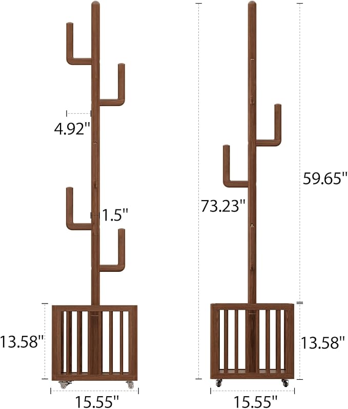 Solid Wood Cactus Coat Rack, Freestanding Coat Rack with 6 L-Shaped Hooks and Storage Basket, for Coats, Hats, Handbags, Coat Tree for Entryway, Bedroom, Living Room, Walnut