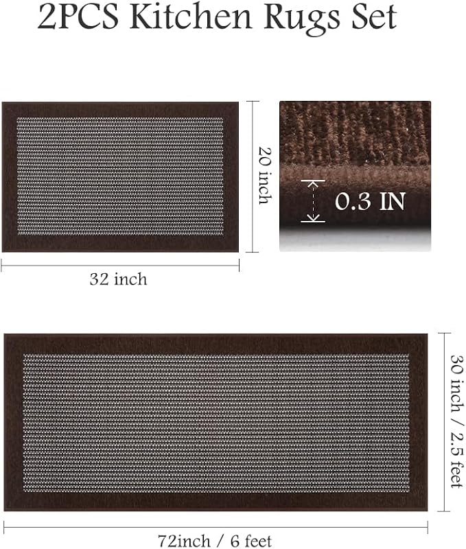 PADOOR Non Slip Kitchen Rugs Sets of 2 - Extra Large 2.5'x6' + 20"x32" Runner Rugs for Kitchen Floor Non Skid Washable, Absorbent Kitchen Mat for in Front of Sink 2 Piece Dark Brown