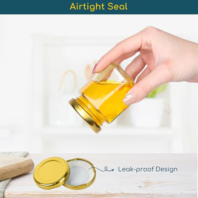 3 oz Honey Jars,30 Pack Hexagonal Glass Jars with Gold Lids,90ml Small Canning Jar Mini Storage Glass Jars for Jams,Fruits,Spices,Nuts,Jellies,Baby Foods
