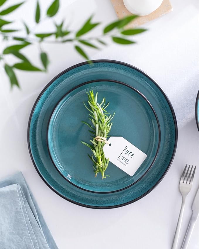 Stoneware Dinnerware Set for 4, 16 Piece Plates and Bowls Set - Handmade Reactive Glaze, Chip & Scratch Resistant Sets - Dishwasher Microwave Safe, Modern Kitchen Dinner Service in Dark Petrol Blue