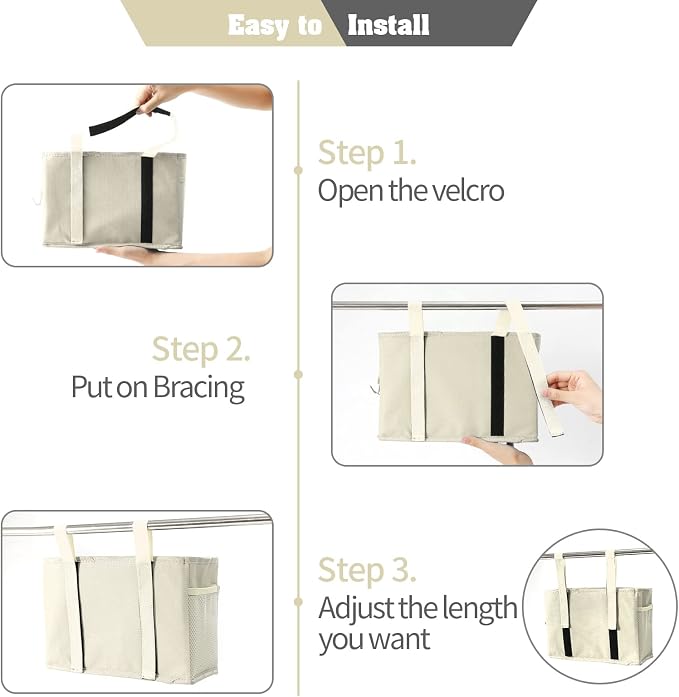 Bseash Bunk Bed Organizer, Bedside Caddy Hanging Bed Organizer Storage Bag with 4 Pockets and 2 Hooks, for College Dorm Rooms Bed, Hospital Bed, Baby Bed Rails, 600D Oxford Cloth (Beige)