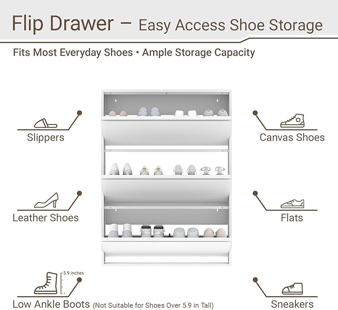Metal Shoe Cabinet with 3 Flip Drawers, Slim Wall Mounted Steel Shoe Storage Organizer for Entryway, Hallway and Mudroom, White