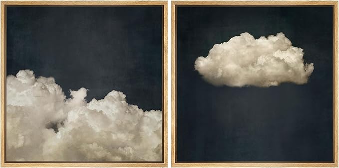 SIGNFORD Framed Canvas Print Wall Art Set Vintage Cloud Soft Neutral Sky Illustrations Modern Art Minimal Relax/Calm for Living Room, Bedroom, Office - 16"x16"x2 Natural