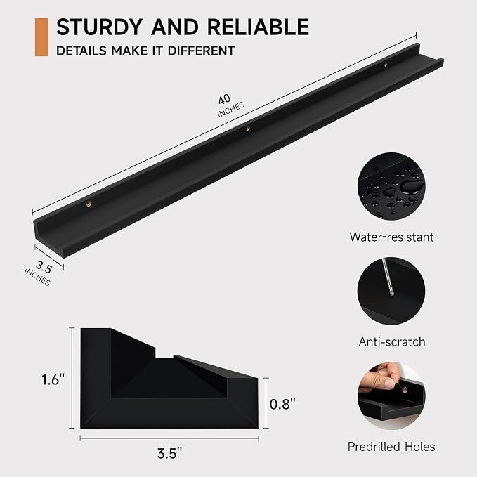 Fun Memories Picture Ledge Shelf, 40 Inch Floating Shelves Set of 2, Large Nursery Book Shelves for Toys Storage, Kids Bookshelf Wall Mounted for Wall Decor Books Photo Frames, Black