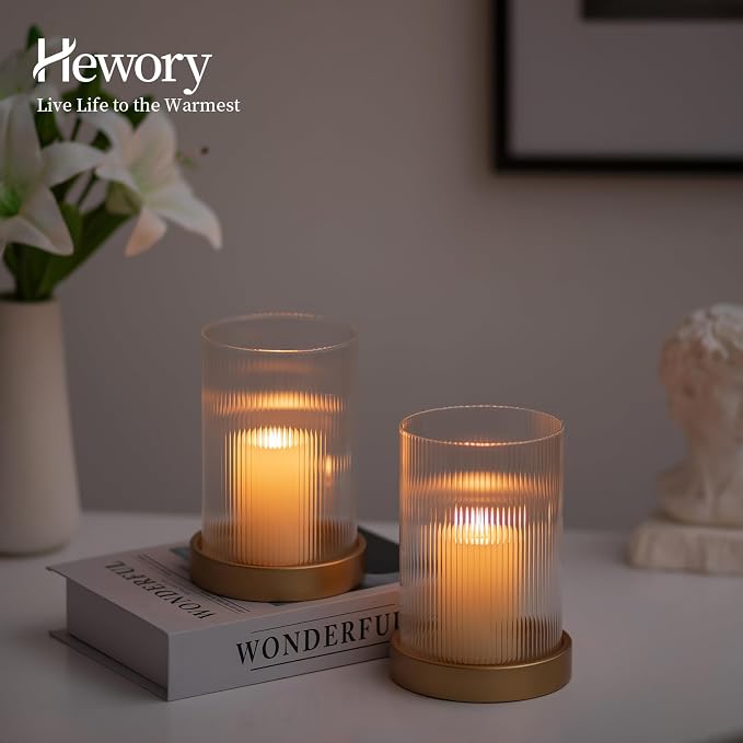 Hewory Ribbed Hurricane Candle Holder: Gold Votive Candle Holders Set of 2, Glass Hurricane with Metal Candle Plate, Pillar Candle Holder for Table Centerpiece Christmas Wedding Holiday Home Decor