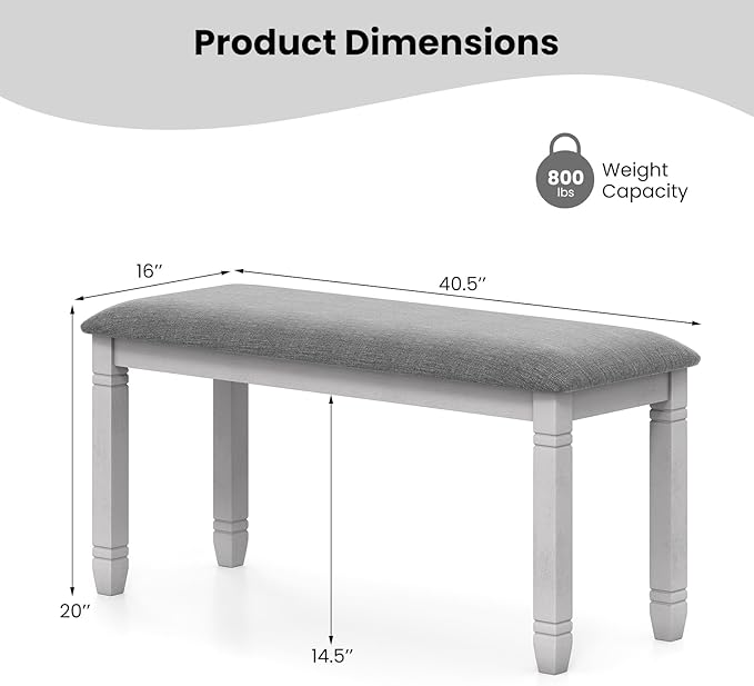 Giantex Upholstered Dining Bench with Padded Seat, Solid Wood Legs, Load 800 lbs, 40.5"x16"x20", Entryway Shoe Rack Bench for Kitchen, Dining Room, Living Room, Bedroom, End of Bed, Hallway (Grey,1)