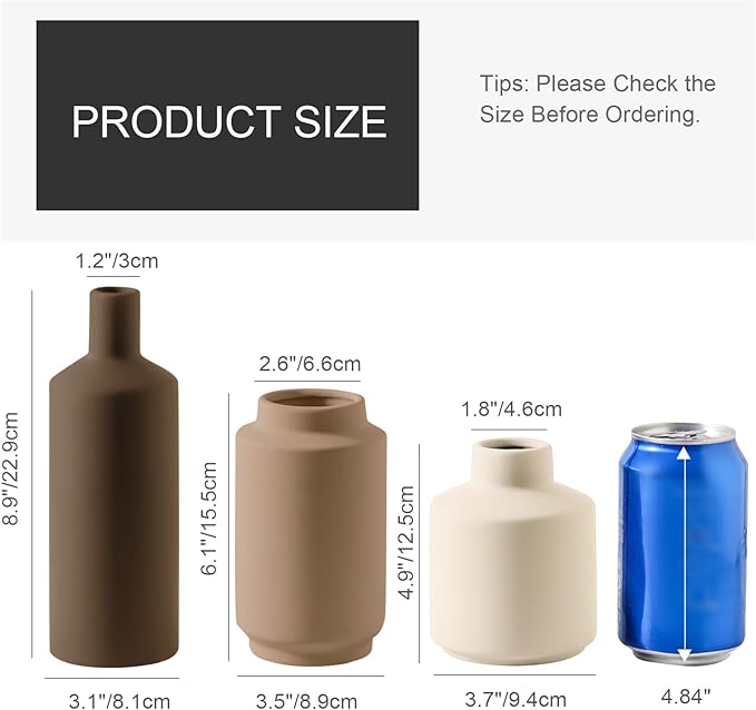 Ceramic Vase Set of 3 Terracotta Brown Beige, Modern Small Flower Vases for Home Decor, Boho Farmhouse Rustic Decorative Vases for Living Room Table Shelf Kitchen Bedroom Centerpieces