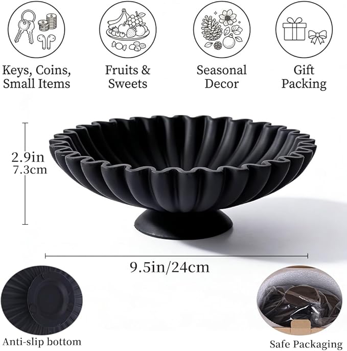 Large Resin Pedestal Decorative Bowl -9.5in Black Decorative Fruit Bowl for Kitchen Counter, Matte Black Bowls, Modern Decorative Centerpiece Bowl for Home Decor, Table Decor, Entryway Key