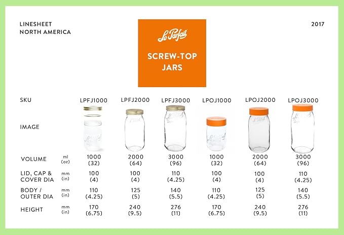 Le Parfait Eco-Friendly Zero Waste Wide Mouth Glass Jar with Airtight Screw Top Lid – Reusable French Storage Jar for Food, Soup, Flour, Sugar, Canning & Baking (1L/32oz, 4 Pack, White)