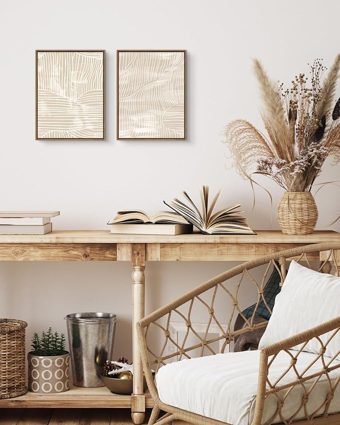 ARTZIO Framed Canvas Wall Art–Abstract Mid‑Century Minimalist Boho Vintage Set of 2 Beige Prints,Ready to Hang for Living Room,Bedroom, Bathroom & Office–12×16″