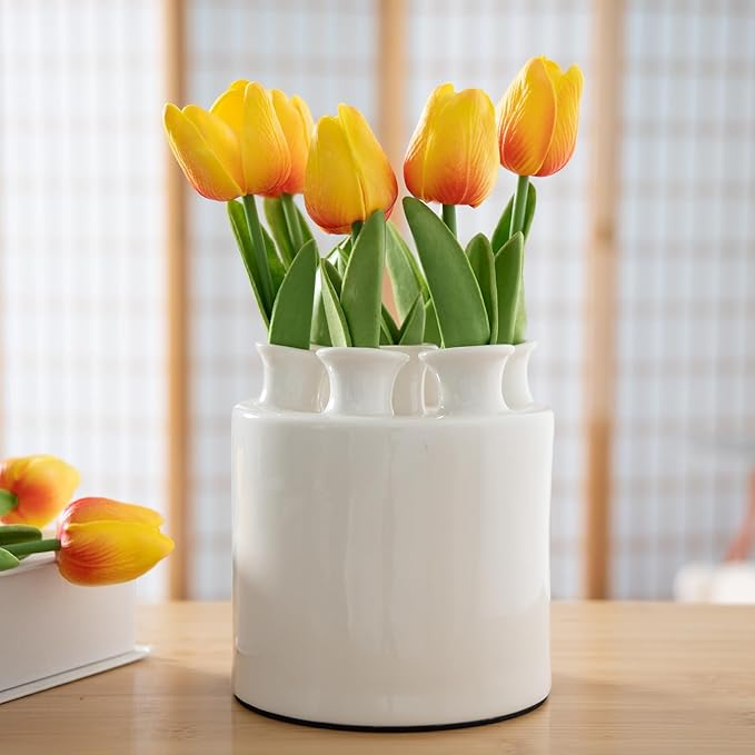 MOUGIGI Large Ceramic Vase Modern Cylinder Design with 7 Flower Openings, Perfect Centerpiece for Tulips、Hydrangeas、Roses and Wildflowers - Ideal Home Decor Gift for Birthdays Mothers Day