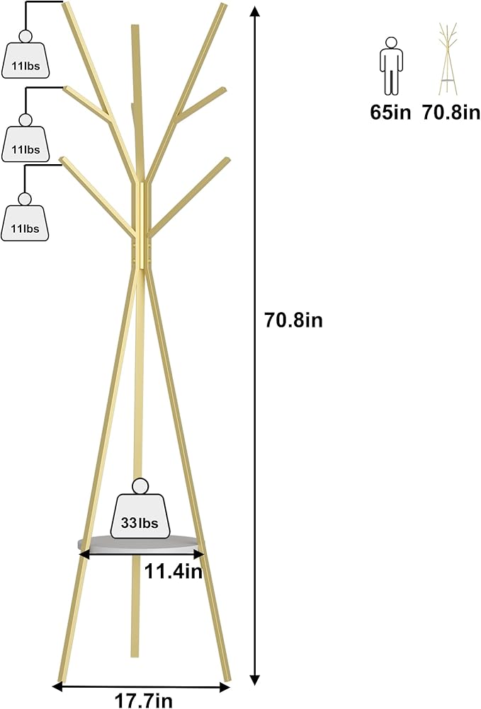 HOME BI Coat Rack Hat Stand Free Standing Display Hall Tree Metal Hat Hanger Garment Storage Holder with 9 Hooks for Clothes Hats and Scarves in Gold,17.72" Wx17.72 Dx70.87