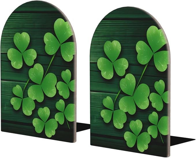 St Patrick's Day Green Clovers 2 Piece Wood Decorative Bookends 6.7x4.2 in, Book Ends for Home Office Library Shelves Decor Room Kitchen Desktop