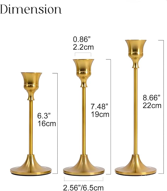 Gold Candle Holder - 3pcs Candlestick Holders Brass Candle Stick Holders, Vintage Decor of LED/Pillar Candle for Wedding Decoration Party Church Mental Dinning Anniversary New House Gift