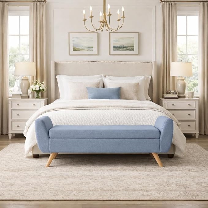 HomePop Modern Storage Bench with Wood Legs |Homepop Home Décor|Bench with Storage for Living Room & Bedroom - French Blue Woven