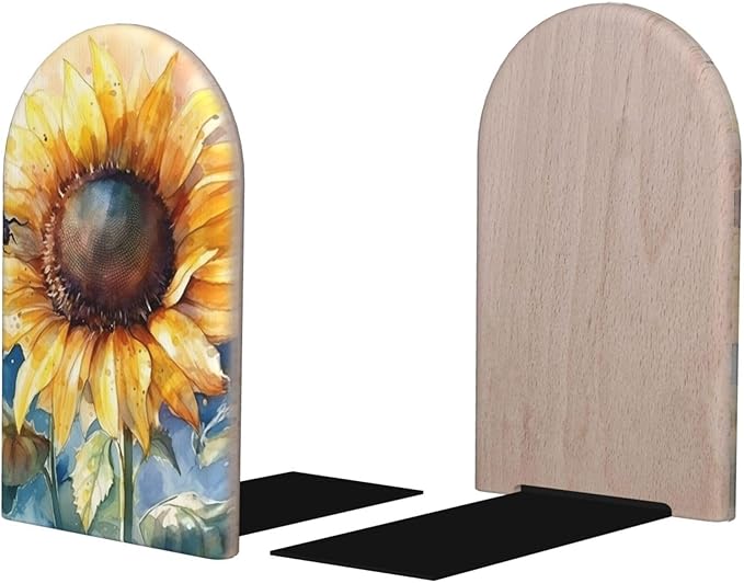 Watercolor Rustic Yellow Sunflower Wood Book Ends for Shelves, Non-Skid Bookends for Office, Library, and Home Decor, 1 Pair