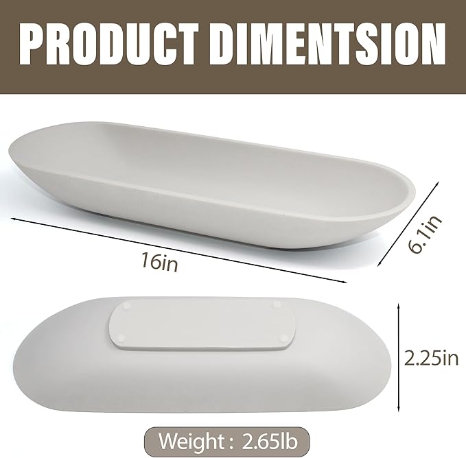 LIN CHUAN Large Decorative Bowl for Home Decor - Long Dough Bowls with Anti Slip Base for Table Centerpieces - Grey Minimalist Design Dough Decor Bowl for Coffee Table, Dining Table Centerpiece