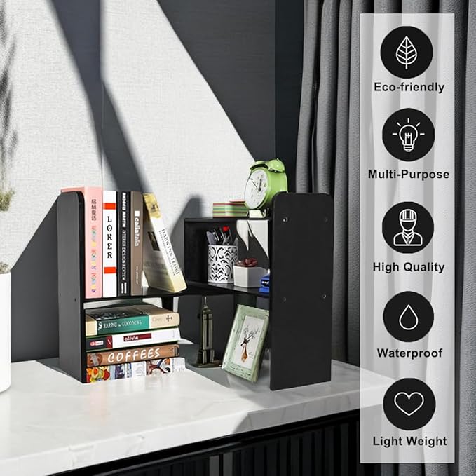 PAG Desk Organizer Desktop Shelf Adjustable Countertop Bookshelf Small Table Shelves Book Organizer Office Organization for Desk, Black
