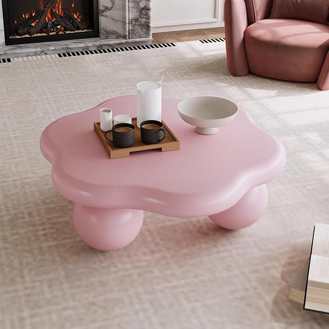 35.03" Cloud Coffee Table for Living Room Unique Coffee Table Modern Low Coffee Tables Cute Center Table with 3 Ball Legs for Small Space Apartment Cream Flower-Pink