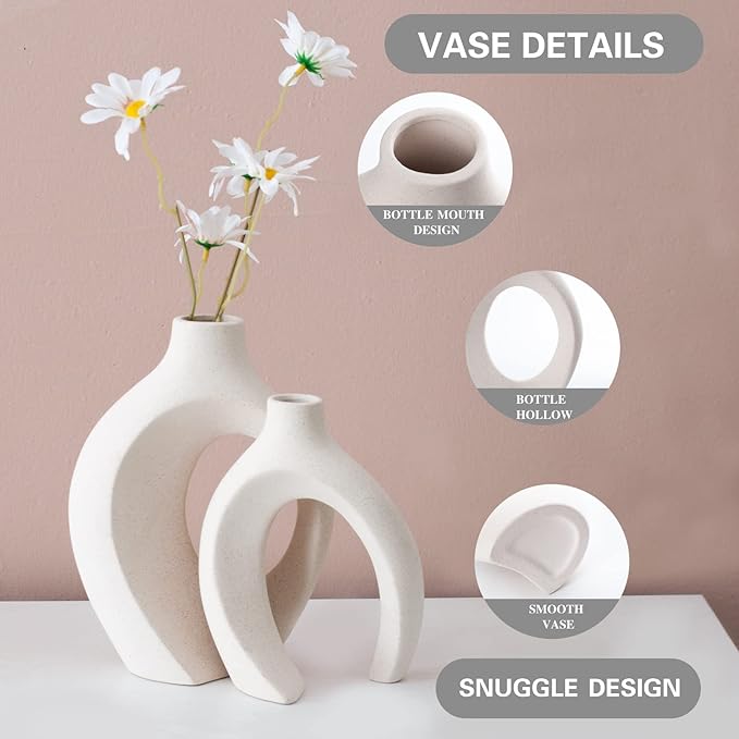 Liotww Ceramic Vases for Home Decor Set of 2, Off White Boho Small Flower Vase, Minimalist Decorative Modern Donut Vase for Living Dining Room Office Entryway Book Shelf Coffee Console Table Décor