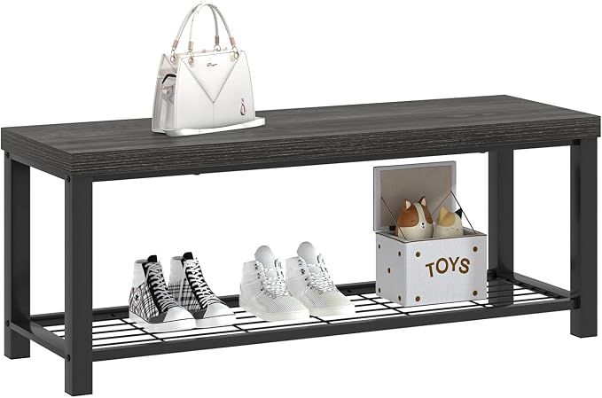 FOLUBAN Industrial Shoe Storage Bench for Entryway Hallway, Rustic Indoor Shoe Rack Bench Seat for Living Room Bedroom, 43.3 Inch Dark Gray