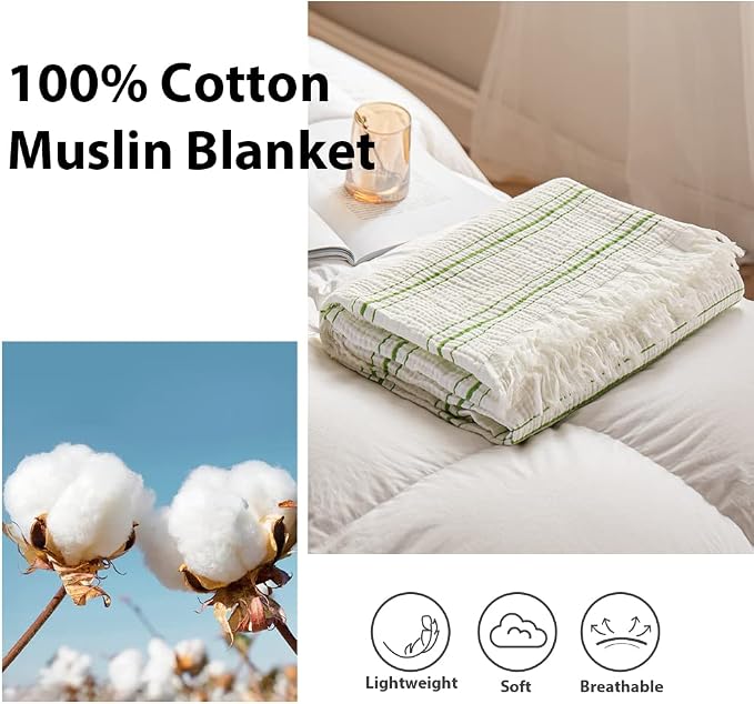 Simple&Opulence Yarn Dyed Striped Cotton Muslin Throw Blanket for Bed, Couch, Knit Woven Blanket with Tassels Soft Lightweight Cozy Pre-Washed Breathable Farmhouse Decoration for All-Season(Green)