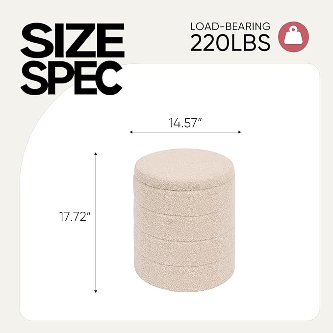 14.5" Round Storage Ottoman,Boucle Sherpa Ottoman with Tray, Faux Teddy Foot Rest Coffee Table for Bedroom Dorm Living Room,Beige
