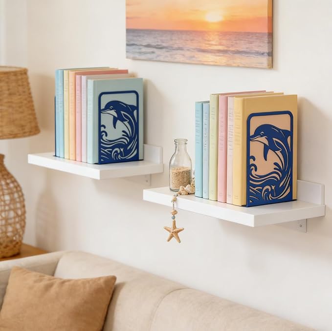 Peacoblue Metal Bookends for Shelves, Modern Decorative Heavy Duty Study Book Ends Stoppers for Office Desk Shelf, Room 5.3"x4.3"x7.9" Cast Iron Tall Bookends 1 Pair (Blue Dolphin and Waves)