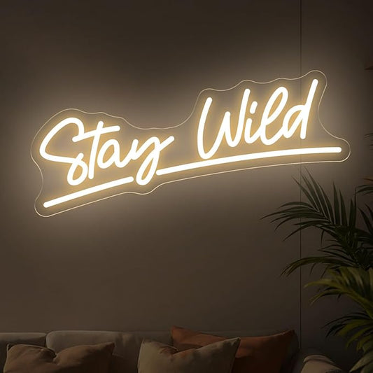 Stay Wild Neon Sign, Aesthetic LED Neon Sign for Wall Decor, Dimmable USB Light Up Sign for Bedroom Dorm Room Apartment Workspace, Minimalist Script Neon Wall Art for Room Decor-Warm White, 16.7x7.9"