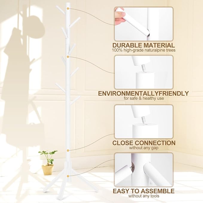 Wooden Coat Rack Freestanding with 8 Hooks & 3 Adjustable Sizes for Clothes, Space-Saving Design for Bedroom Office Entrance Holds Hats Coats Scarves Bags