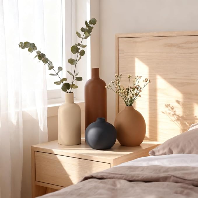 Ceramic Vase Set of 4, Neutral Flower Vase Home Decor, Rustic Modern Farmhouse Decor Pottery Vases for Bedroom,Living Room,Bookshelf Decoration, Centerpiece Table Decor,Boho Decor