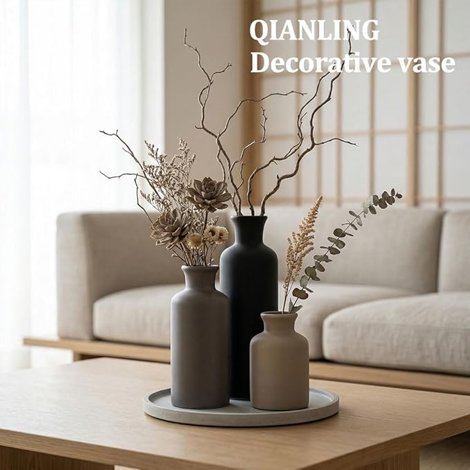 Ceramic Vase Set of 3 - Modern Neutral Vases for Home Decor Rustic Farmhouse Decor Pampas Vase for Table Mantel Entryway Shelf Living Room Kitchen Bathroom