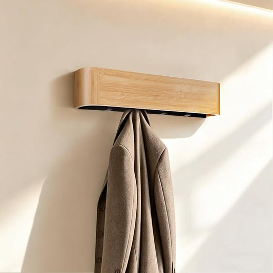 16" Bamboo Coat Rack Wall Mount with Shelf - Heavy Duty Coat Hanger Wall Mount with 4 Hidden Hooks, Floating Design for Entryway, Mudroom & Office, Solid Natural Bamboo