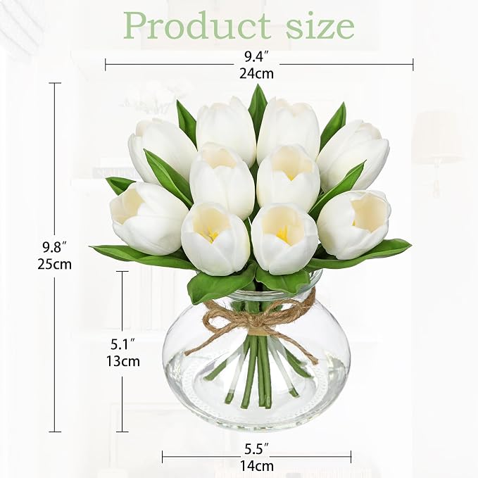 DILATATA Tulips Artificial Flowers in Vase White Fake Flowers Centerpiece with Glass Vase with Faux Water Faux Tulip Bouquet Floral Arrangement for Table Home Office Decor Wedding Thanksgiving