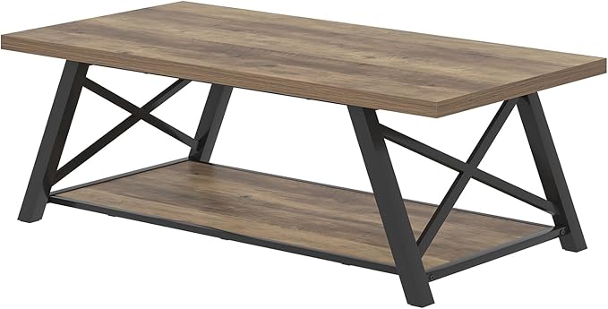 EXCEFUR Modern Coffee Table, Rectangle Center Table for Living Room with Storage Shelf, Industrial Wood and Metal Cocktail Tea Table, Rustic Oak, 47 Inch