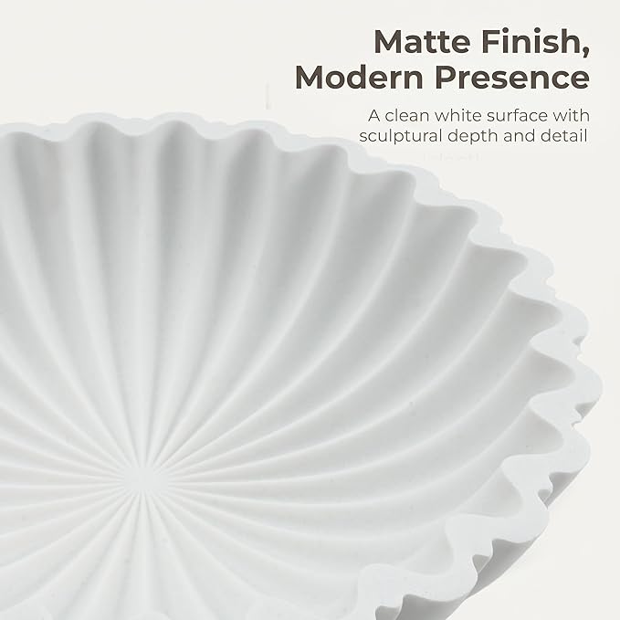 Decorative Bowl Set for Home Decor, 10.6" Large White Scalloped Fruit Bowl for Coffee Table, Entryway Table, Kitchen Counter, Includes 10 Artificial Moss Rocks and Decorative Moss