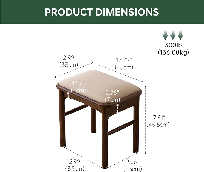 17.7'' Leather Upholstered Dining Ottoman with 100% Solid Oak Wood Ottoman Frame, Small Padded Foot Rest Stool Bench for Dining Kitchen Entryway, Champagne