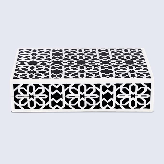 Handicrafts Home Small Decorative Storage Box with Lid, Black White Persian Tile Keepsake Box, Moorish Rosette Trinket Box for Jewelry, Desk Organizer & Coffee Table Decor, Shiraz 8 x 5 x 2