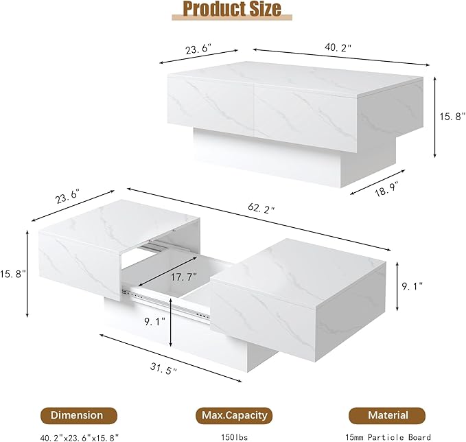 White Marble Modern Coffee Table with Hidden Storage for Living Room, Living Room Table Rectangular Center Tables Sliding Top with LED Lights, Wooden Cocktail Table for Reception Room