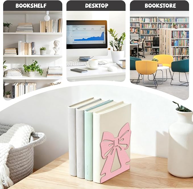 Peacoblue Metal Bookends for Shelves, Modern Decorative Heavy Duty Study Book Ends Stoppers for Office Desk Shelf, Room 5.3"x4.3"x6.1" Cast Iron Tall Bookends 1 Pair (Pink Bow)