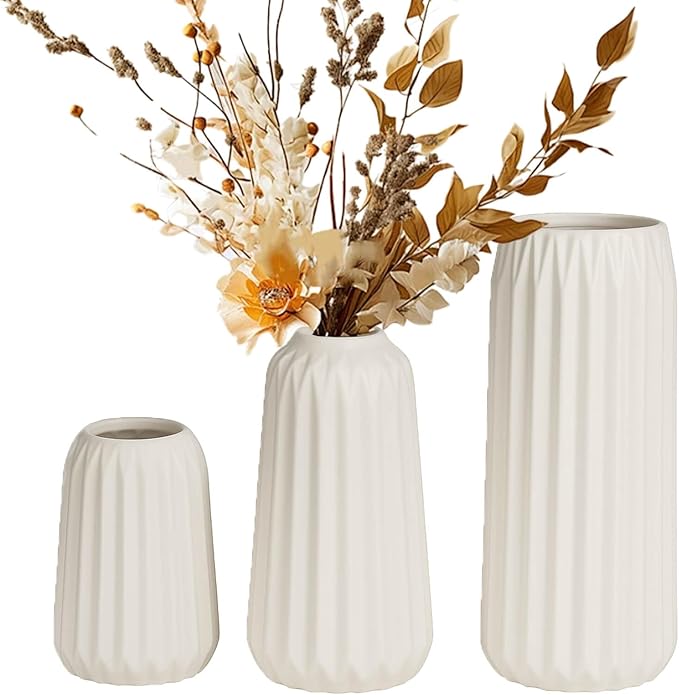 White Ceramic Vases Set of 3 – Modern Ribbed Vase Centerpieces for Pampas Grass, Eucalyptus, Dried or Fresh Flowers, Minimalist Home Decor for Living Room, Bookshelf, Table & Office
