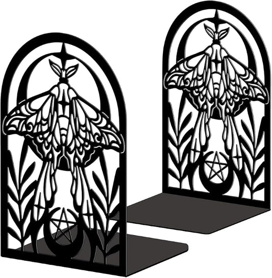Peacoblue Metal Bookends for Shelves, Bohemian Moth with Moon Modern Decorative Heavy Duty Study Book Ends Stoppers for Office, Desk, Shelf, Room 5.3"x4.3"x7.9" Cast Iron Simple Tall Bookends 1 Pair