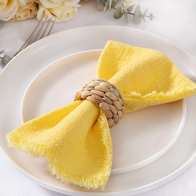 MLMC 6 Pack Yellow Cloth Napkins with Fringe Boho Linen Napkins Washable Reusable Rustic Dinner Table Decor 17"×17" for Wedding Party Bridal Baby Shower Home Decor