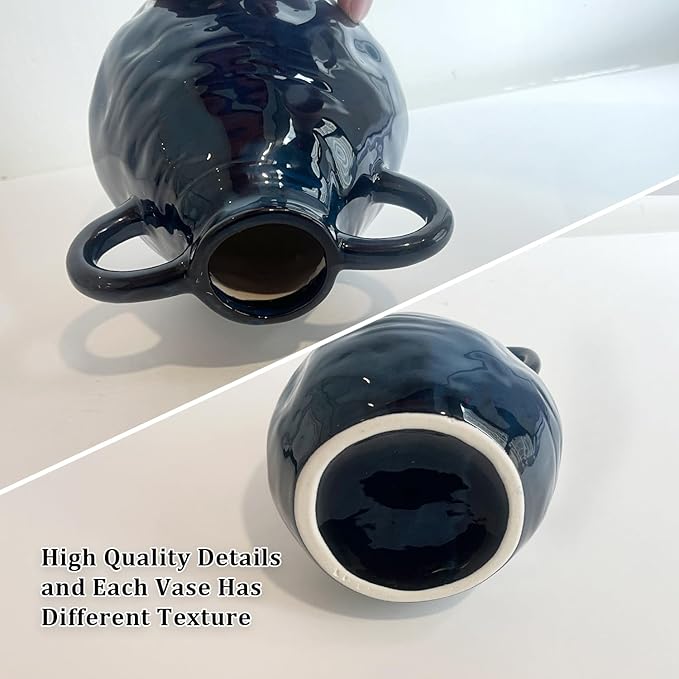 LIFFY Blue Ceramic Vase for Flowers, 6.3 Inch Tall Modern Farmhouse Centerpiece with Double Handles, Vintage Rustic Decorative Vases Home Table Decor (Navy Blue)