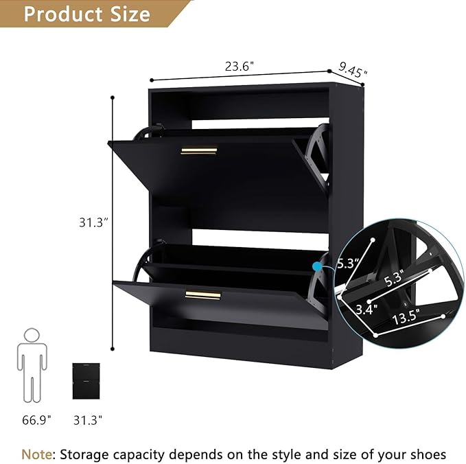 Shoe Cabinet Storage for Entryway, White Shoe Organizer with 2 Flip Drawers & Open Shelf, Freestanding Hidden Large Shoe Storage Cabinet (2pc-Black, 2 Flip Drawers)