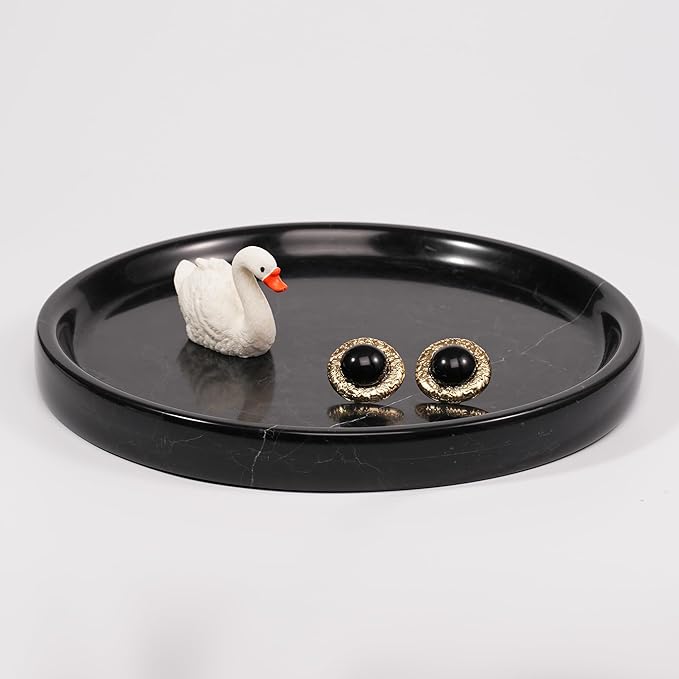 Marble Perfume Jewelry Tray - Stone Trinket Ring Key Purse Holder Dish, Round Plate Decorative Bowl for Nightstand Entryway Coffee Table Decor (7.9 inch)