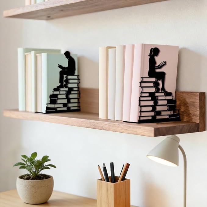 Peacoblue Metal Bookends for Shelves, Modern Decorative Heavy Duty Study Book Ends Stoppers for Office Desk Shelf, Room 5.3"x4.3"x7.9" Cast Iron Tall Bookends 1 Pair (Couple Reading on Books)