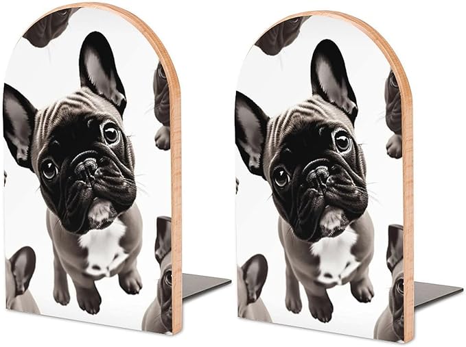 French Bulldog Book Ends Wooden Bookends Non-Skid Metal Base Heavy Duty Book Shelves Decor, Decorative Bookends for Books/CDs Bookshelf Table Home Decor