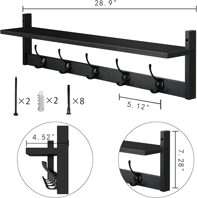 AMBIRD Wall Hooks with Shelf Entryway Hanging Wood Coat Hooks with Shelf Wall-Mounted Coat Hook Rack with 5 Dual Hooks for Bathroom, Living Room, Bedroom (Stylish Black)